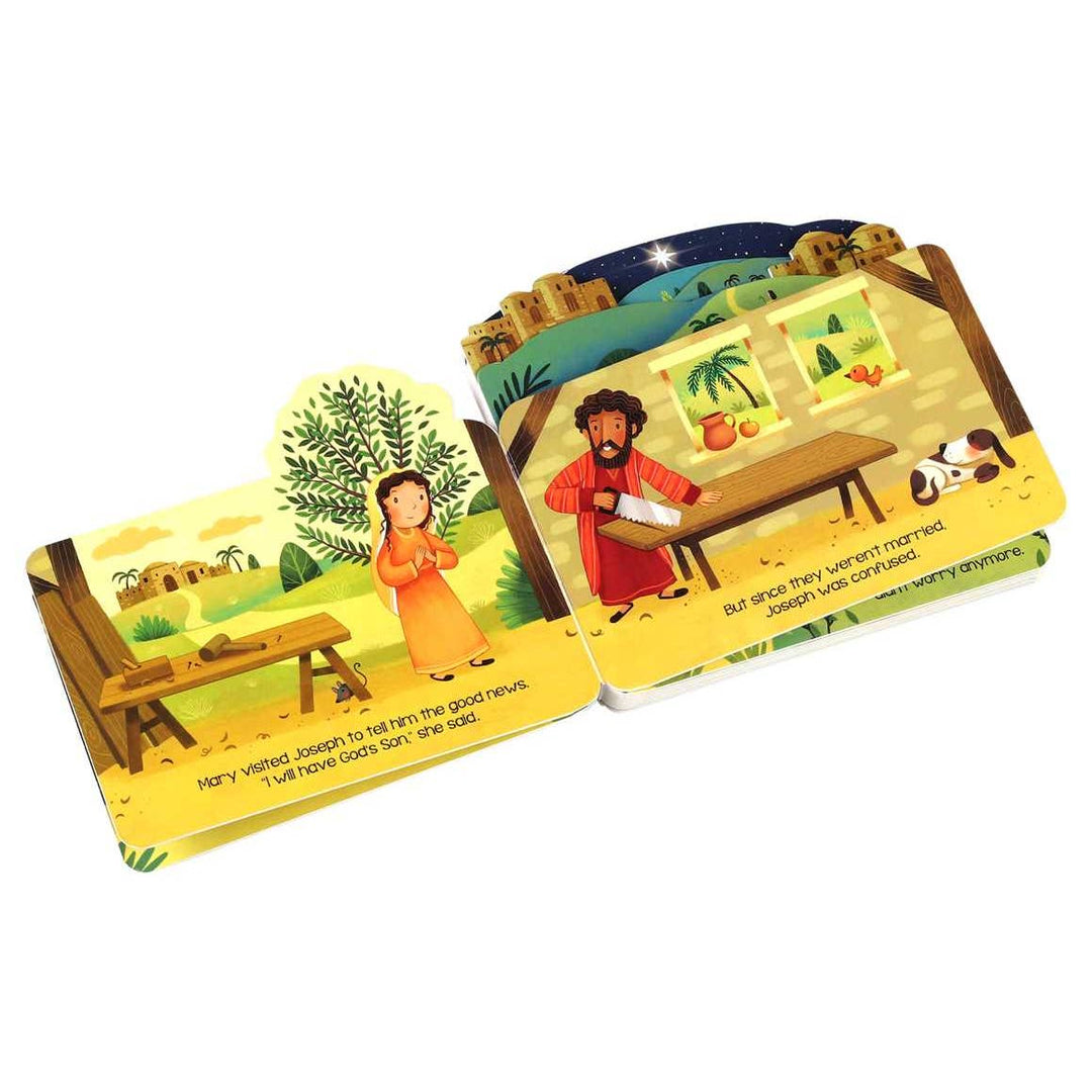 Children's storybook with illustrated scenes on a white background