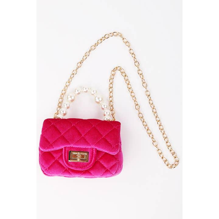 hot pink velvet quilted handbag with pearl handle and detachable gold chain