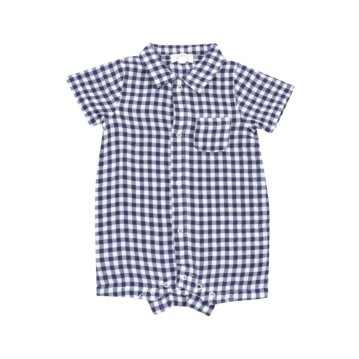 navy and ivory gingham button down romper with collar and pocket for baby boy