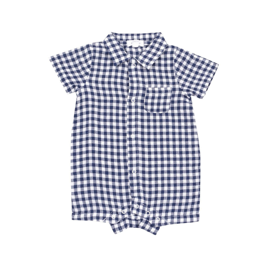 navy and ivory gingham button down romper with collar and pocket for baby boy