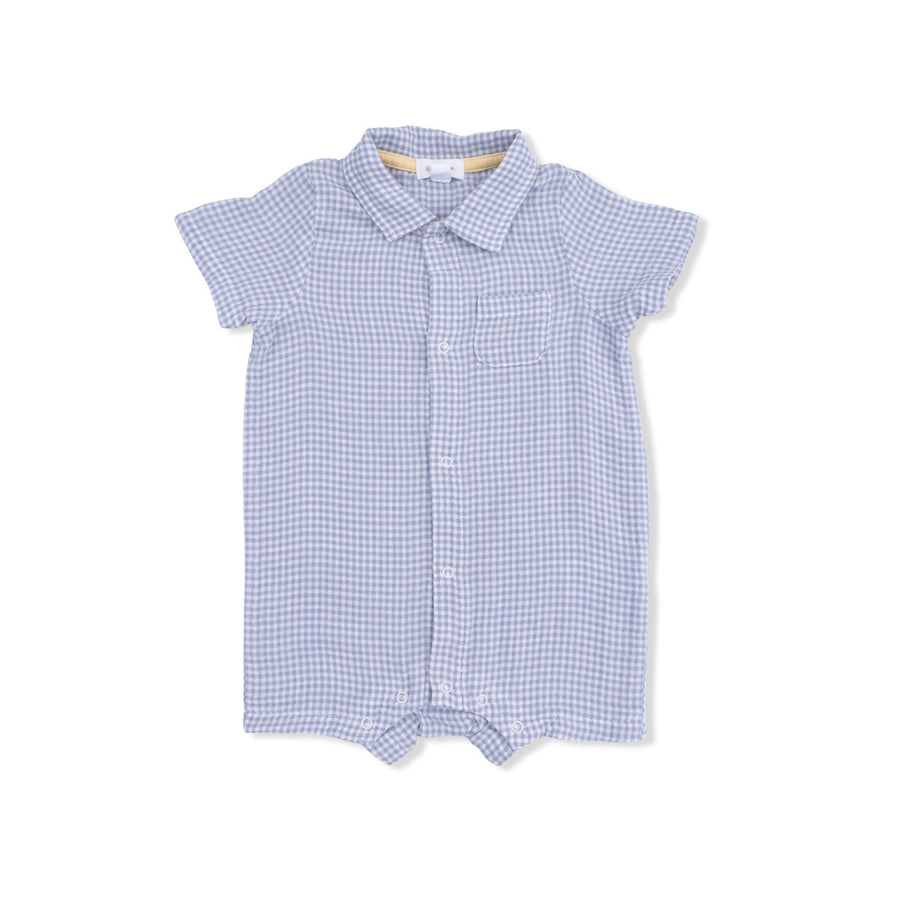 Blue checkered baby romper on a white background
