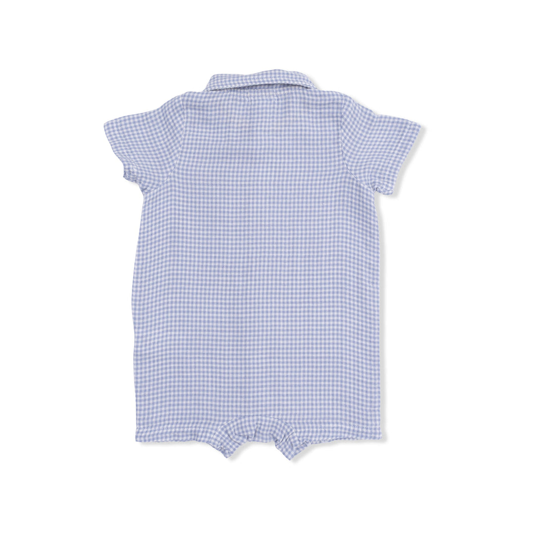 Blue checkered romper on a white background