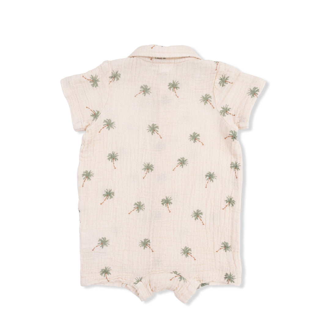 Back of Baby romper with palm tree pattern on a white background