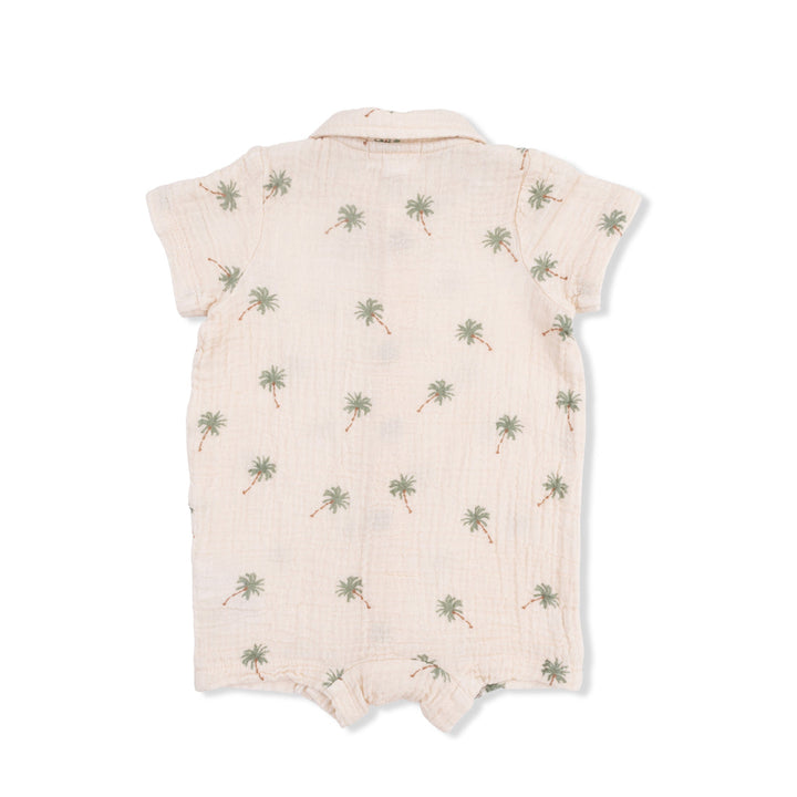 Back of Baby romper with palm tree pattern on a white background