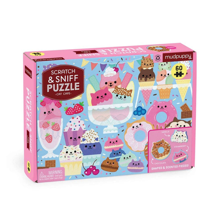 Mudpuppy Scratch & Sniff Puzzle packaging with cat-themed illustrations on a white background