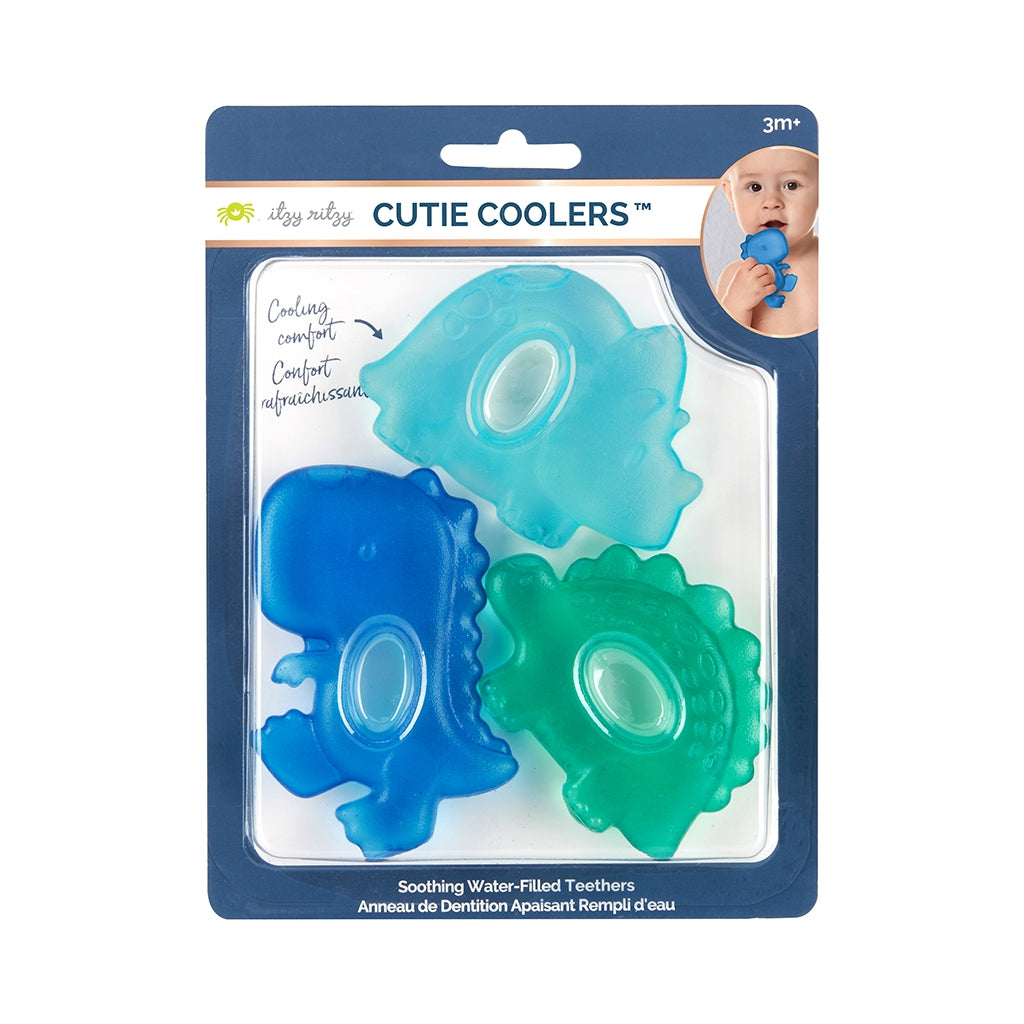 Packaging of Cutie Coolers water-filled teething rings with blue and green colors.