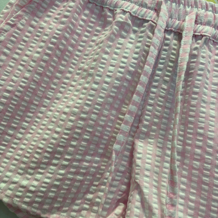 pink and white seersucker shorts with drawstring 