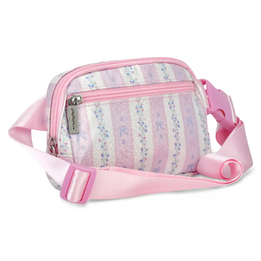 Pink waist bag with floral pattern on a white background
