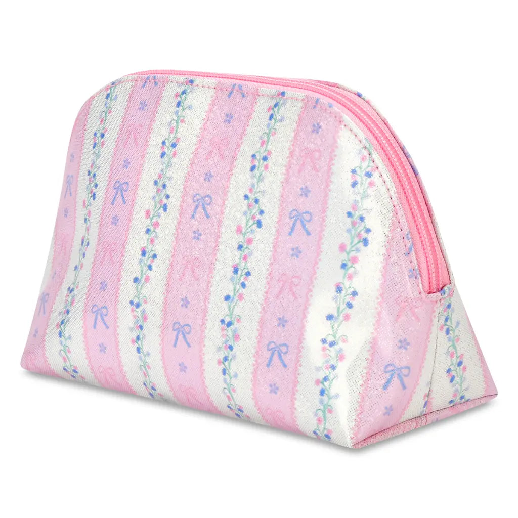 Pink and white striped pouch with bow patterns on a white background