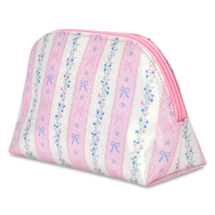 Pink and white striped pouch with bow patterns on a white background