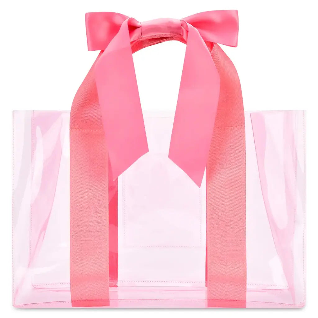 A clear vinyl tote bag with a large pink satin bow on the handle, shown against a plain white background.