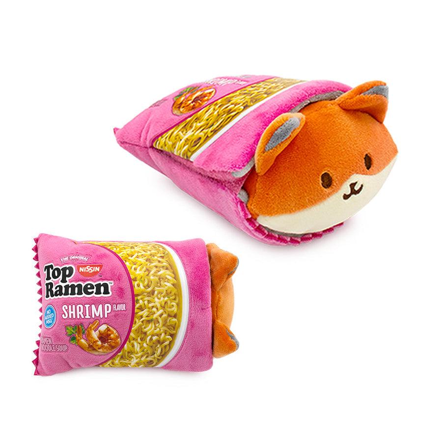 plush fox laying in a ramen package - shrimp flavor. 