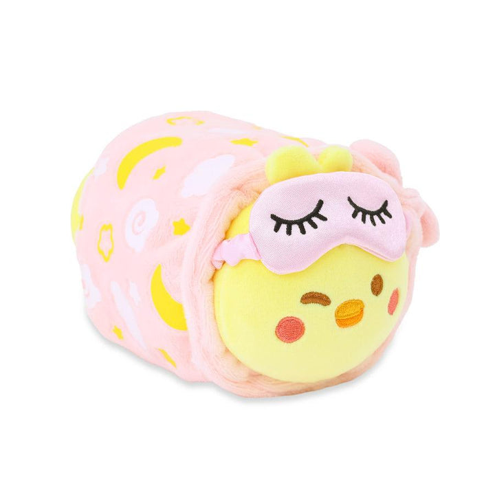 plush chicki wrapped in spa robe like outfit with an eye mask attached. the chicki is winking