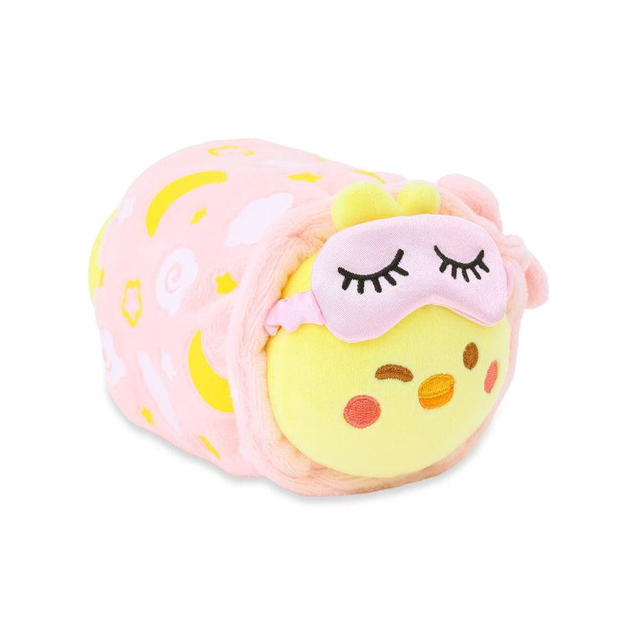 plush chicki wrapped in spa robe like outfit with an eye mask attached. the chicki is winking