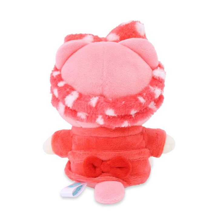 this picture shows the back of the kitty wearing the plush robe and plush headband. there is a little red bow above the tail and at the bottom of the robe. 