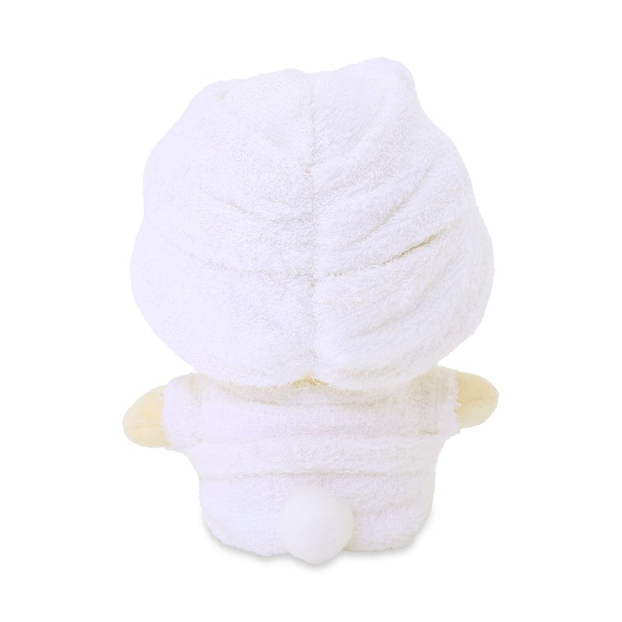 this picture shows the back of the bunny wearing a spa robe and spa towel turban. 