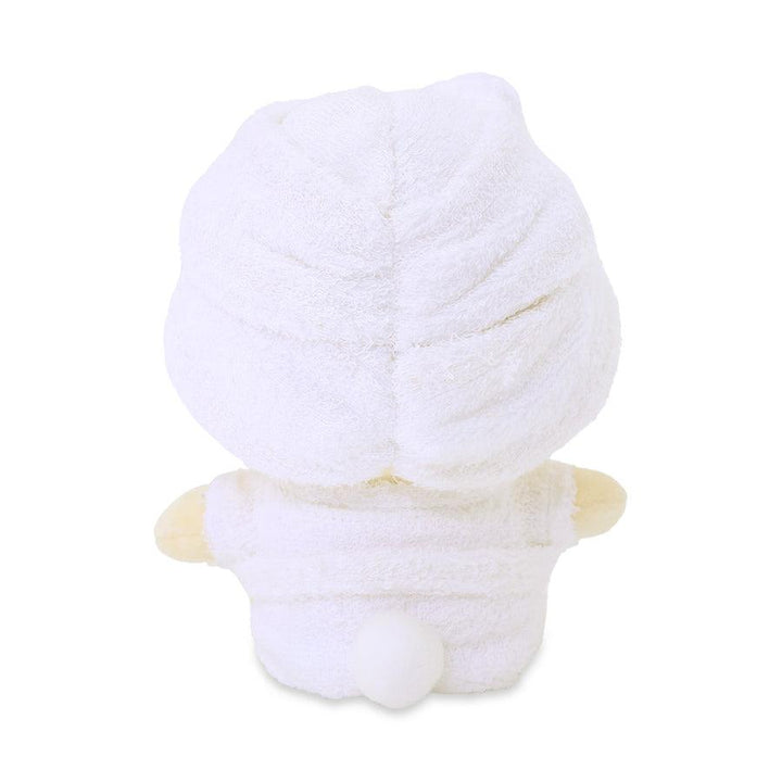this picture shows the back of the bunny wearing a spa robe and spa towel turban. 