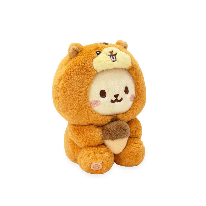 plush bunny dressed as a squirrel. the squirrel is holding an acorn. 