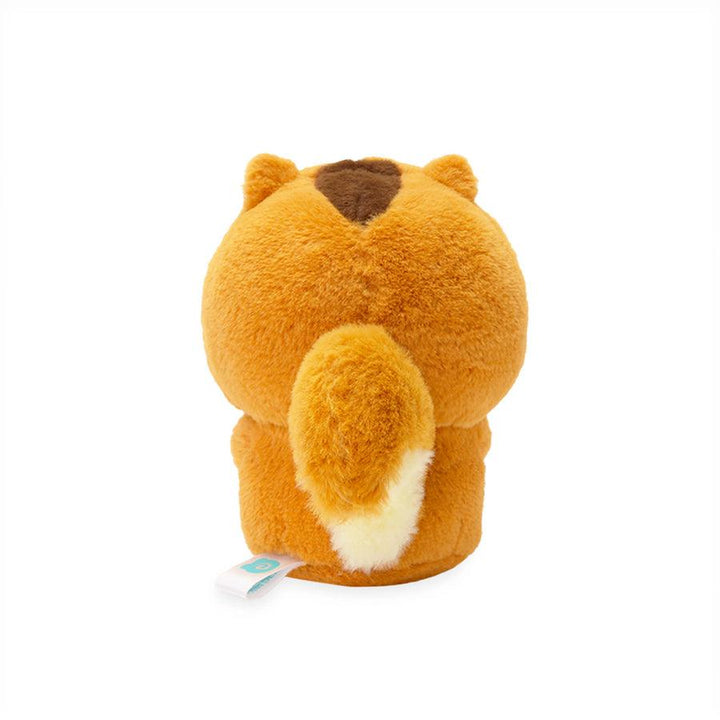 plush bunny dressed as a squirrel. this picture shows the back of the squirrel and its bushy tail. 