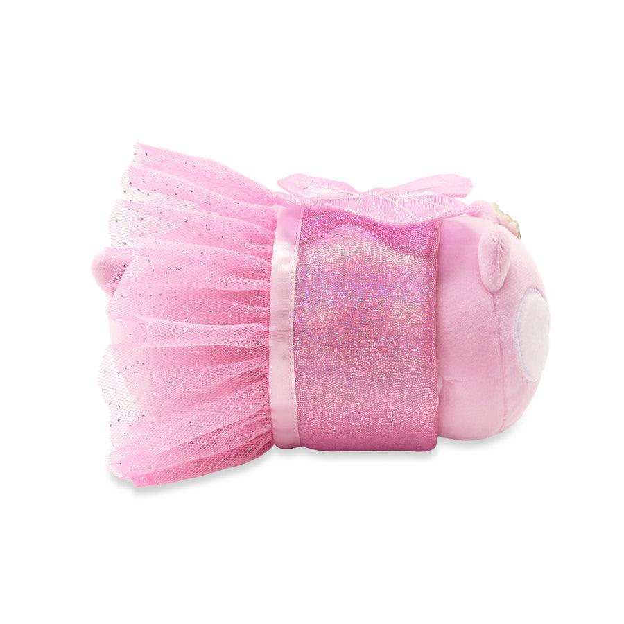 the side view of the owl dressed in a fiary costume. The fairy costume is sprakly and has tulle at the end. 