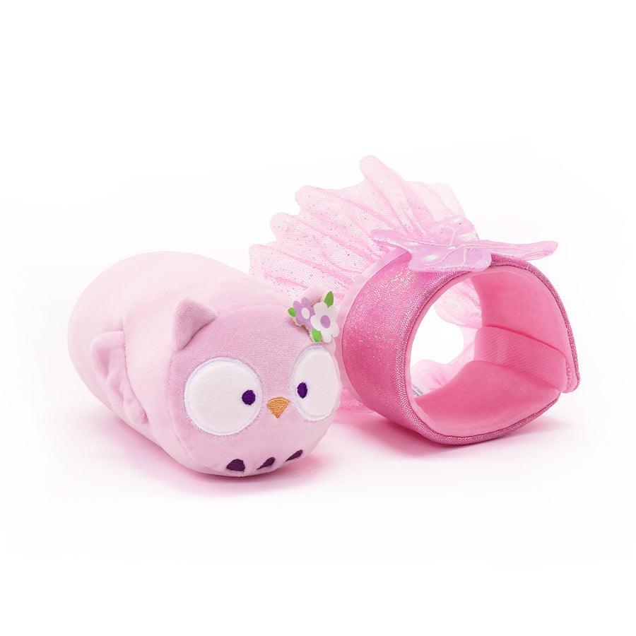 plush owl and fiary costume. the costume can be velcroed on and off of the plush. costume is sparkly and has wings and tulle at the end of the costume. 