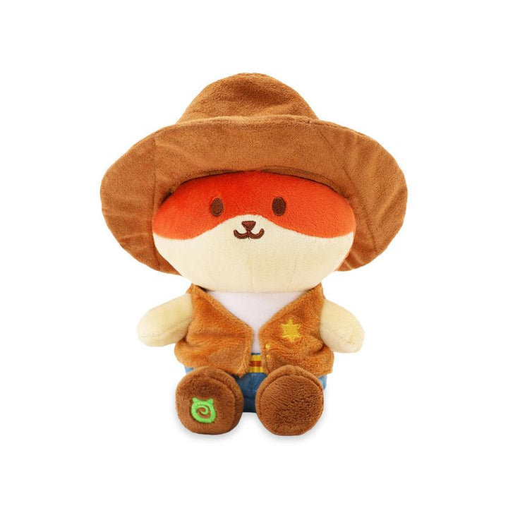 plush fox wearing a cowboy outfit with cowboy hat and vest. 