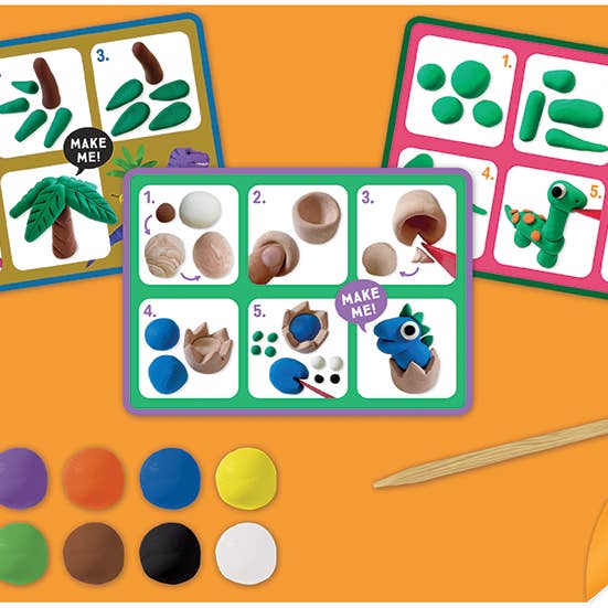 Children's playdough kit with cards and playdough on an orange background