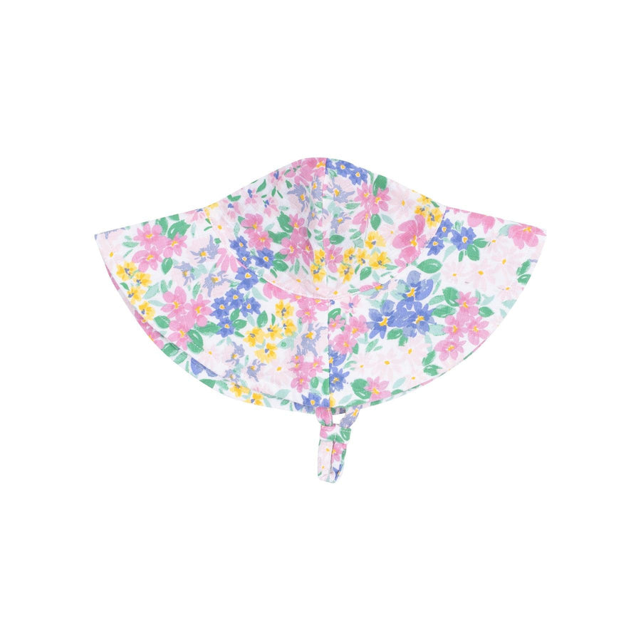 small flowers in pink, yellow, blue on a wide brim sunhat.