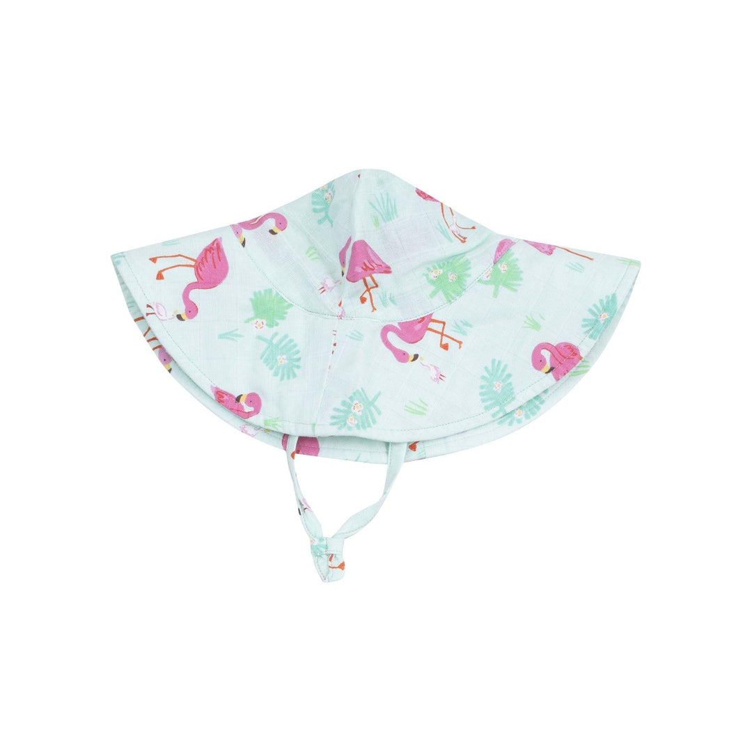 mint blut wide brim sunhat with hot pink flamingos on it. 