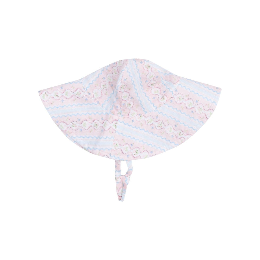 pink blue stripe sunhat with floral stripes going down the hat. 