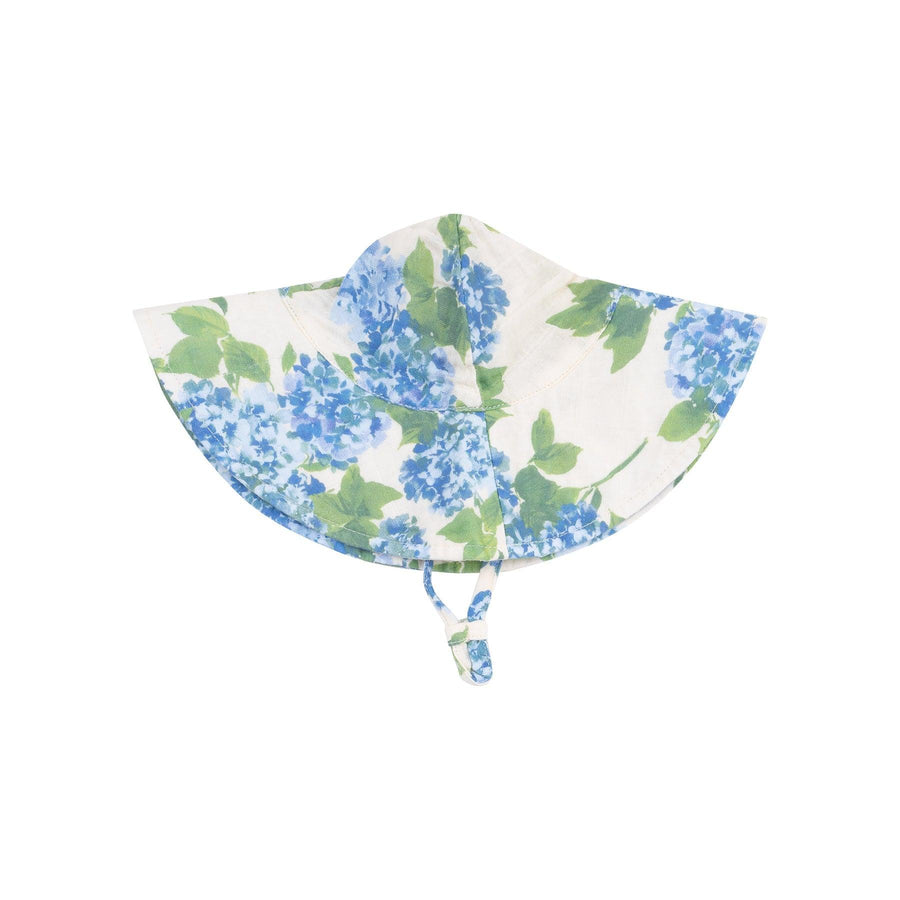 white sunhat with blue hydrengeas on it. 