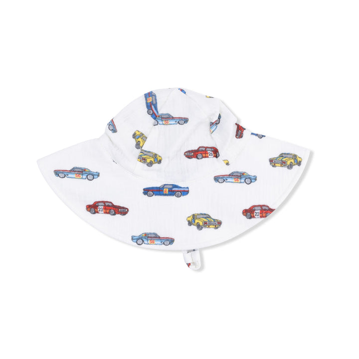 White  hat with colorful car pattern on a white background