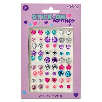 stick on earrings that come in all different shapes including flowers and hearts.  They look like gemstones and are pink, purple, blue and silver metallic