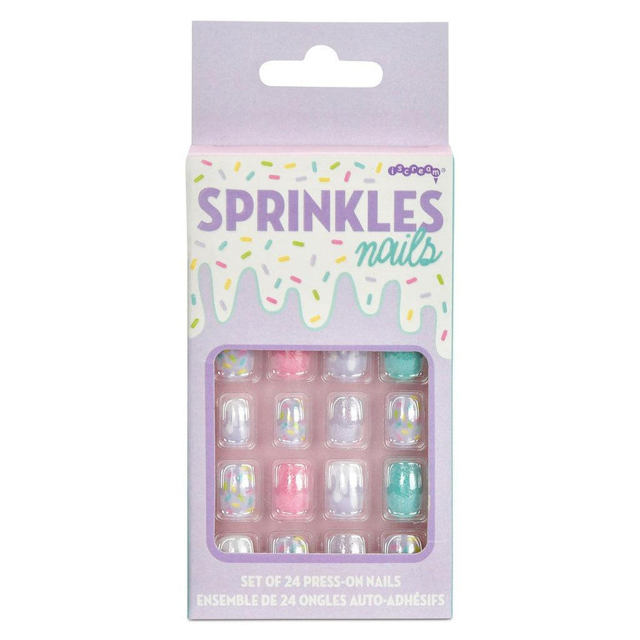 press on nails that are sold pink, teal and have sprinkles are decorations on them. 