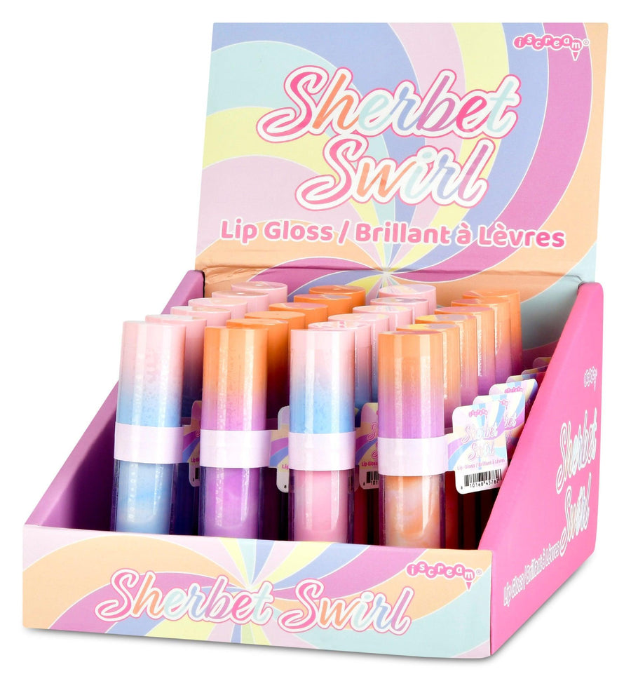 swirled lip gloss, two colors: pink and orange and pink and blue. 