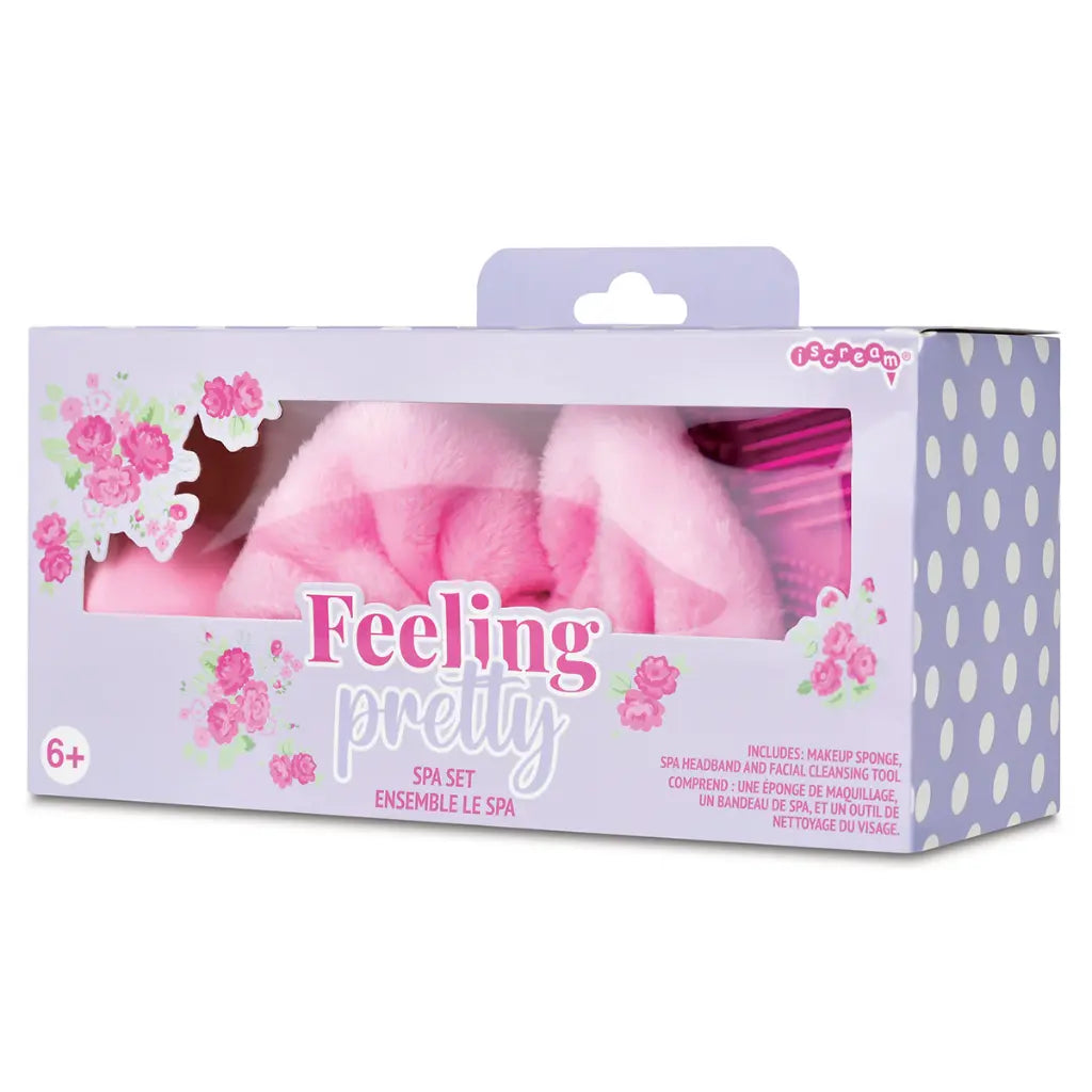 Boxed 'Feeling Pretty' spa set with pink items and floral design on a white background