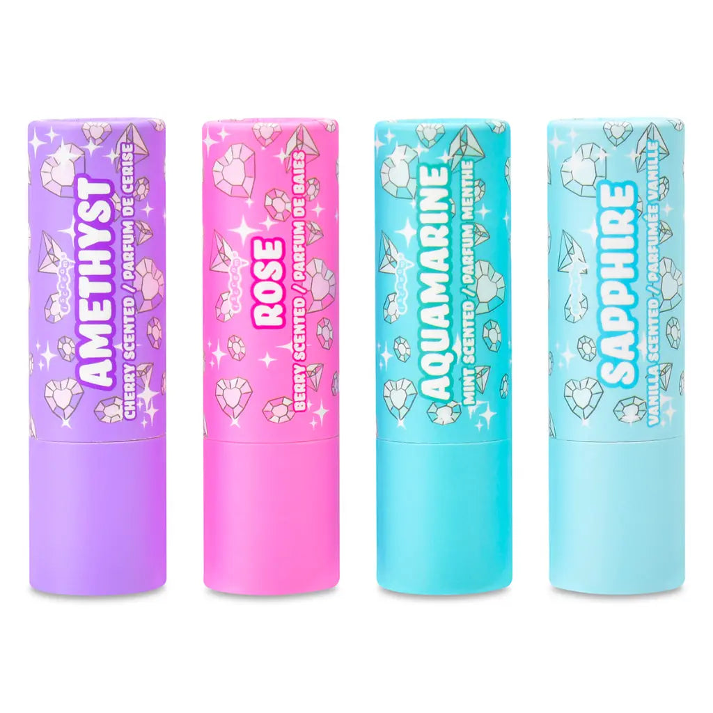Four lip balms in different colors with names on a white background