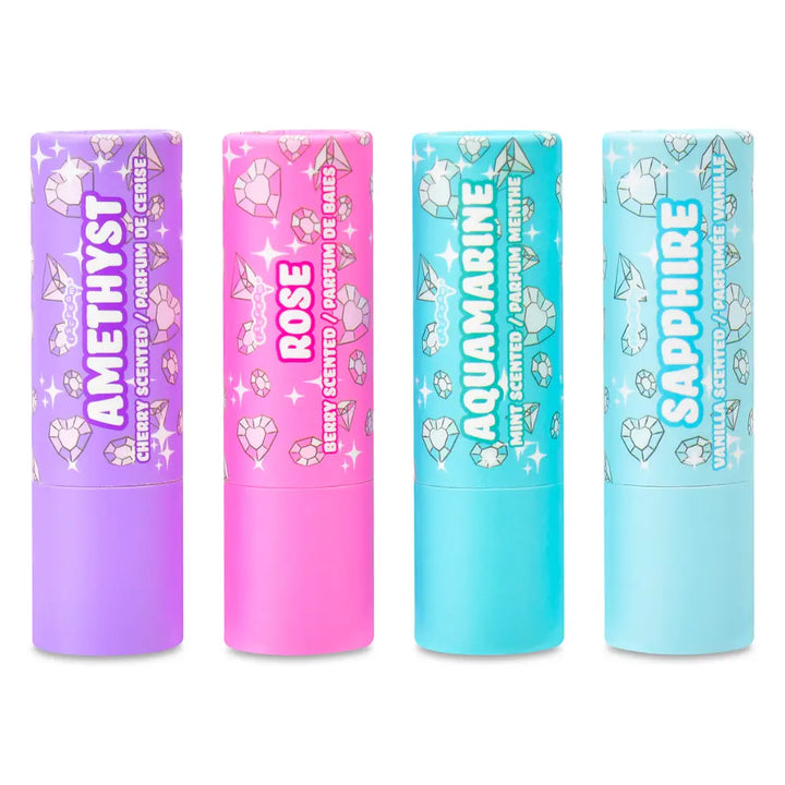 Four lip balms in different colors with names on a white background