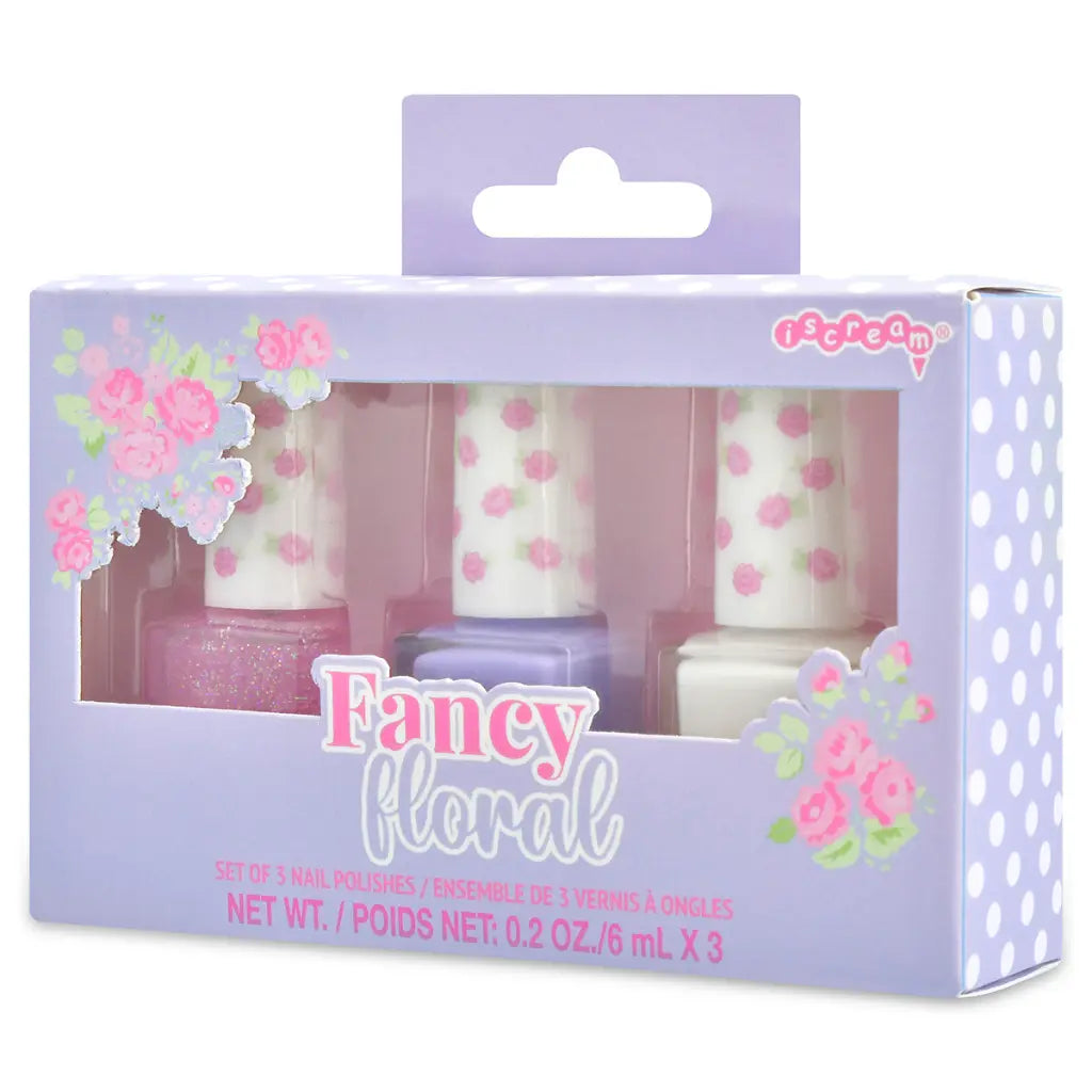 Packaging of 'Fancy Floral' nail polish set with floral designs on a white background