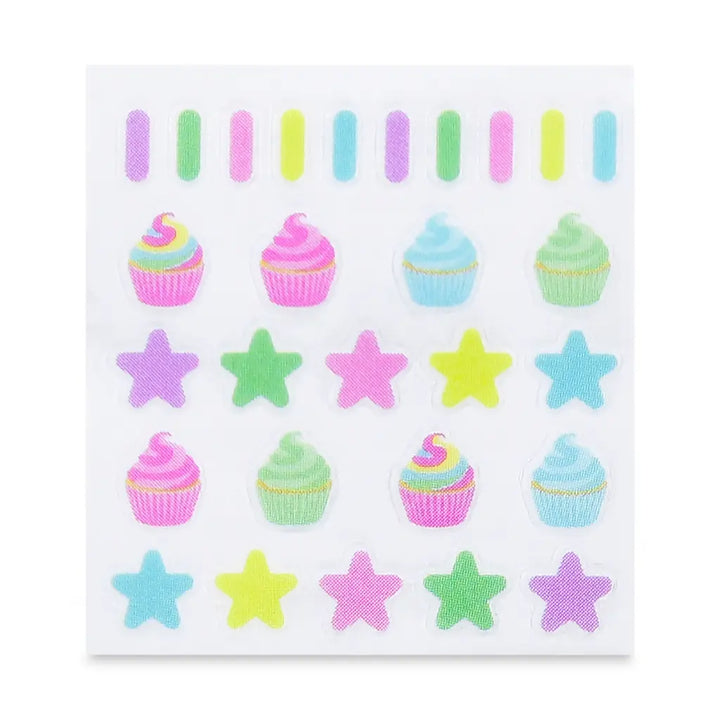 Sheet of colorful stickers featuring cupcakes and stars on a white background