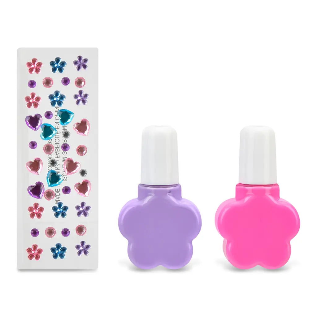 Two flower-shaped nail polishes with a sheet of colorful heart-shaped stickers on a white background.