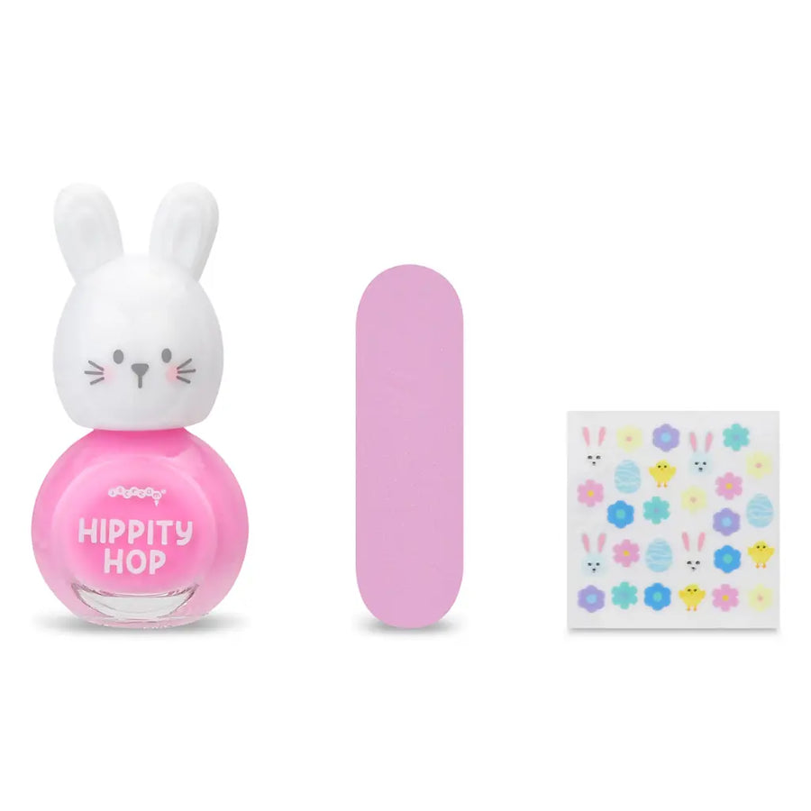 Pink nail polish bottle with bunny design and matching pink case on a white background