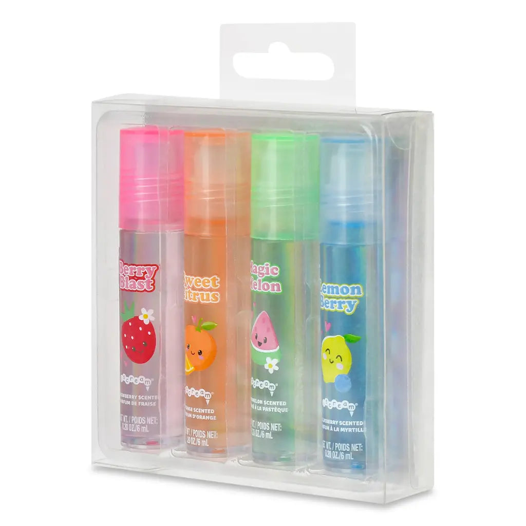Set of four colorful lip gloss in a clear packaging on a white background