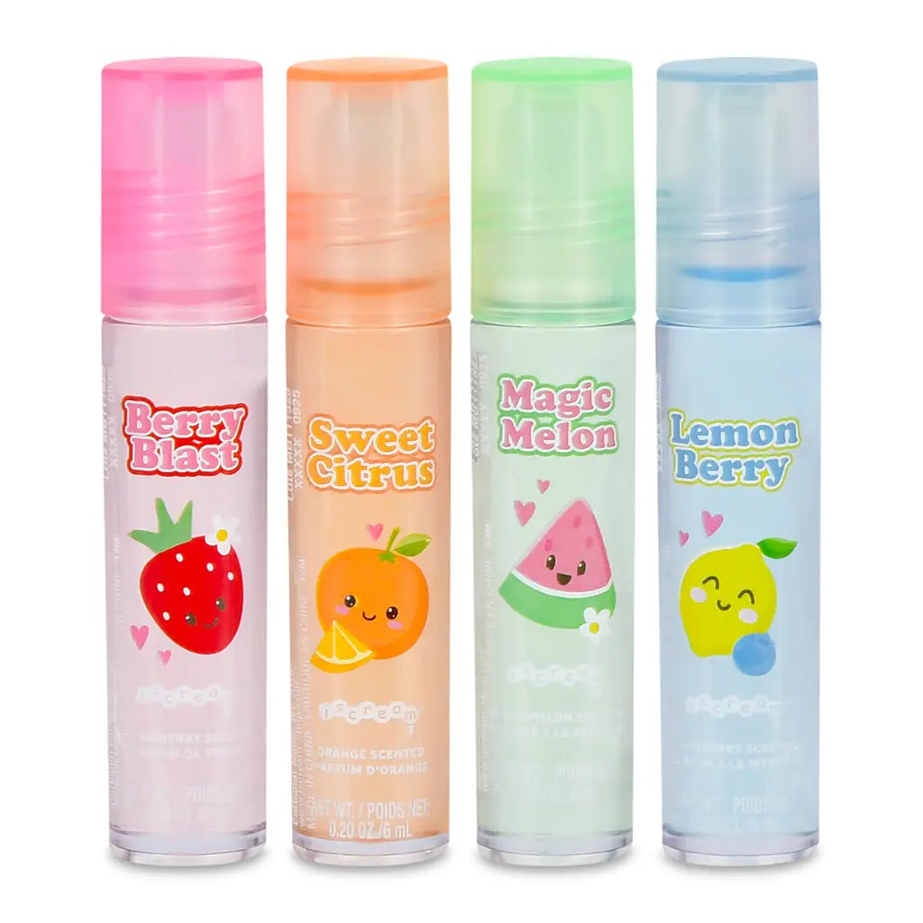 Four colorful lip glosses with fruit-themed labels on a white background