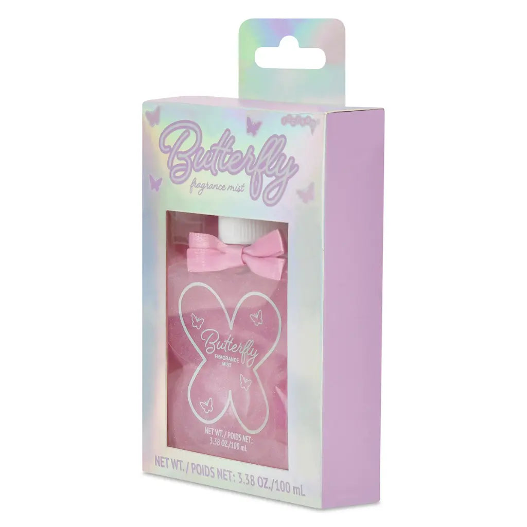 Butterfly fragrance mist packaging with a pink bow and butterfly design on a white background