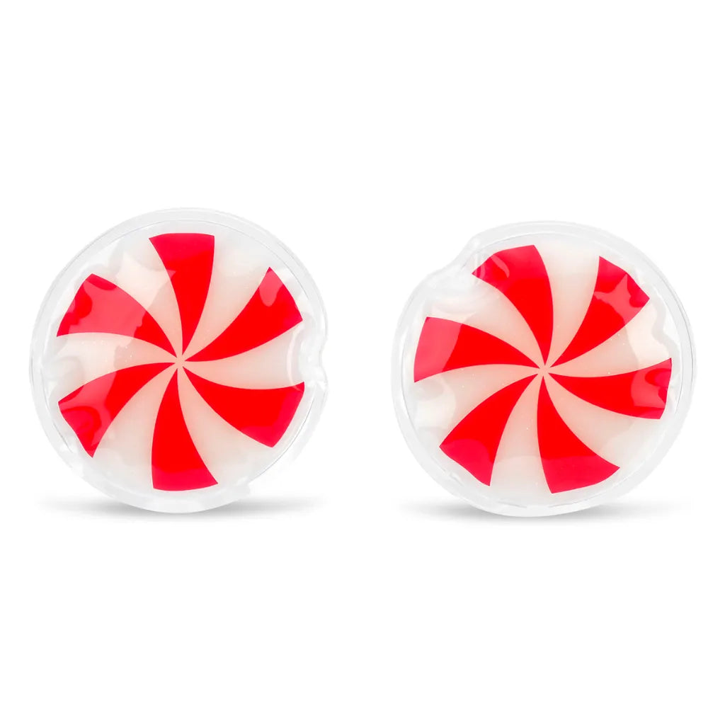 Two round candy-themed earrings featuring a red and white peppermint swirl design, displayed on a clean white background.