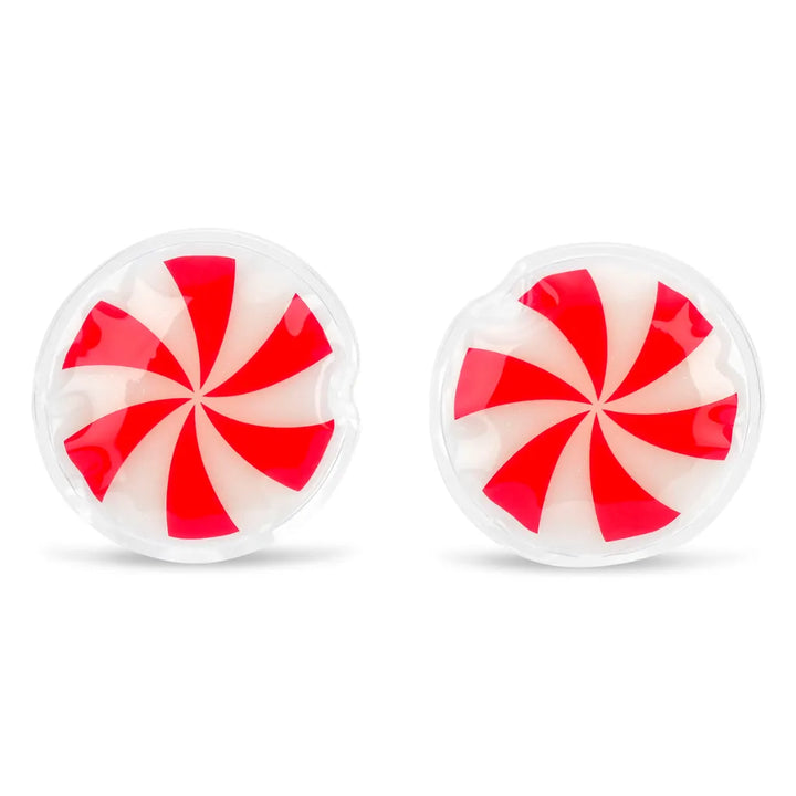 Two round candy-themed earrings featuring a red and white peppermint swirl design, displayed on a clean white background.