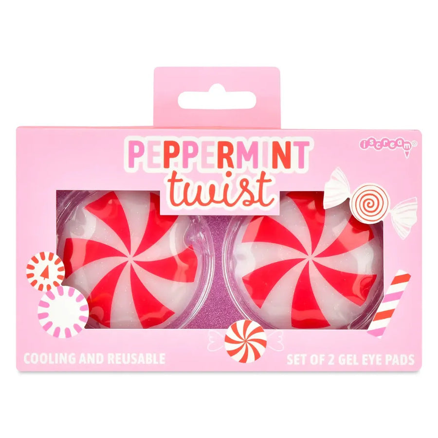 Peppermint Twist cooling and reusable gel eye pads in a pink retail box. The packaging features a clear window showing two round gel pads with a red and white peppermint swirl pattern.
