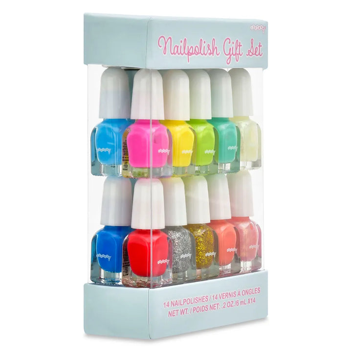 A boxed nail polish gift set with 14 colorful nail polishes visible through a clear plastic display case. The packaging is light blue with pink script text reading 'Nailpolish Gift set.