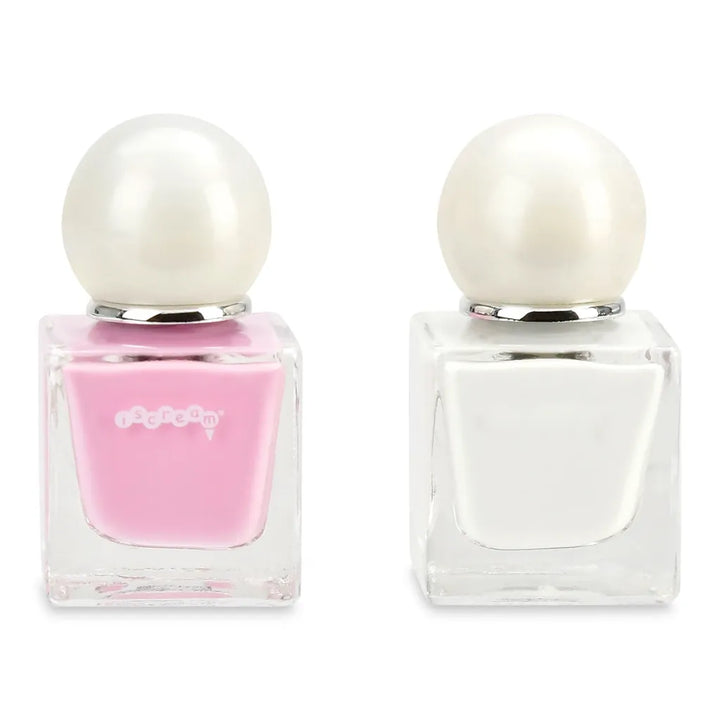 Two small square glass bottles with round white pearl-like caps on a white background. The left bottle contains light pink polish, and the right bottle is clear with white polish inside.